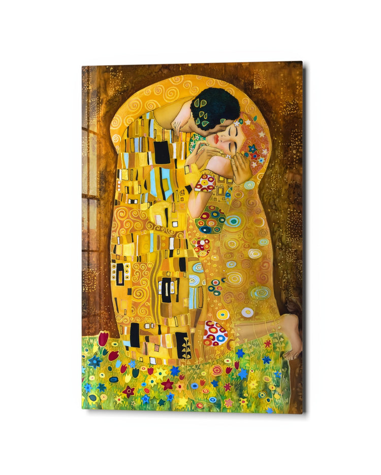 Golden Embrace glass wall art, studio view