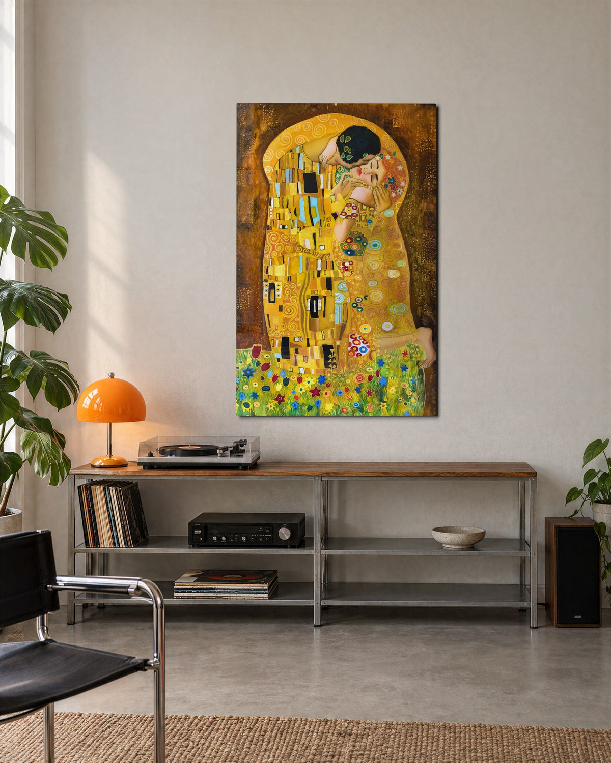 Golden Embrace glass wall art, lifestyle view