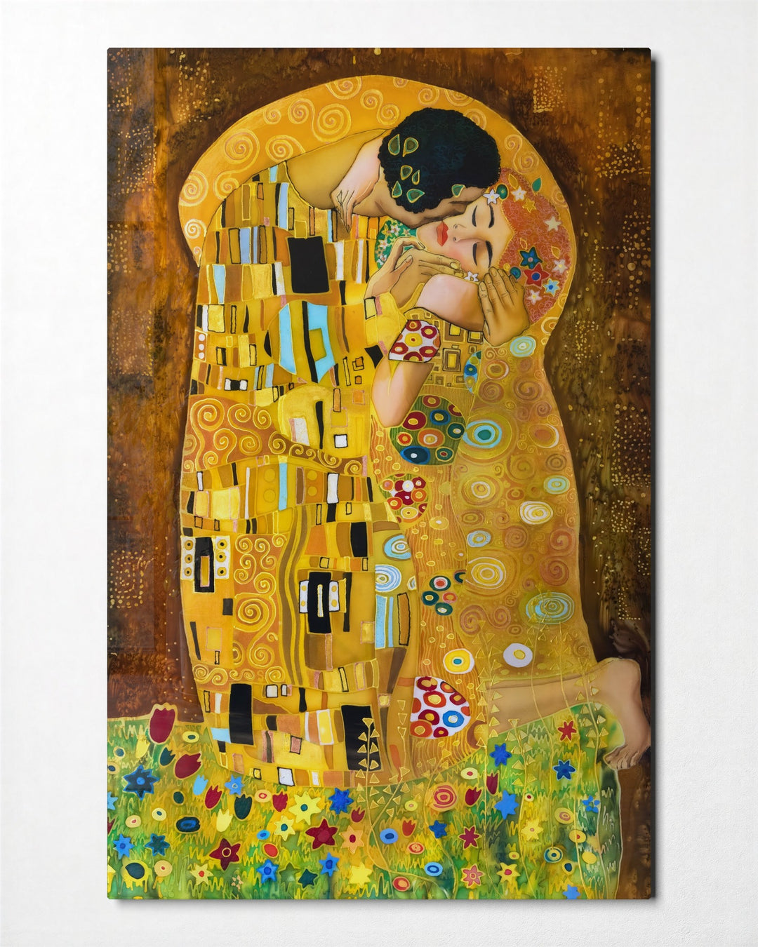 Golden Embrace glass wall art, front view