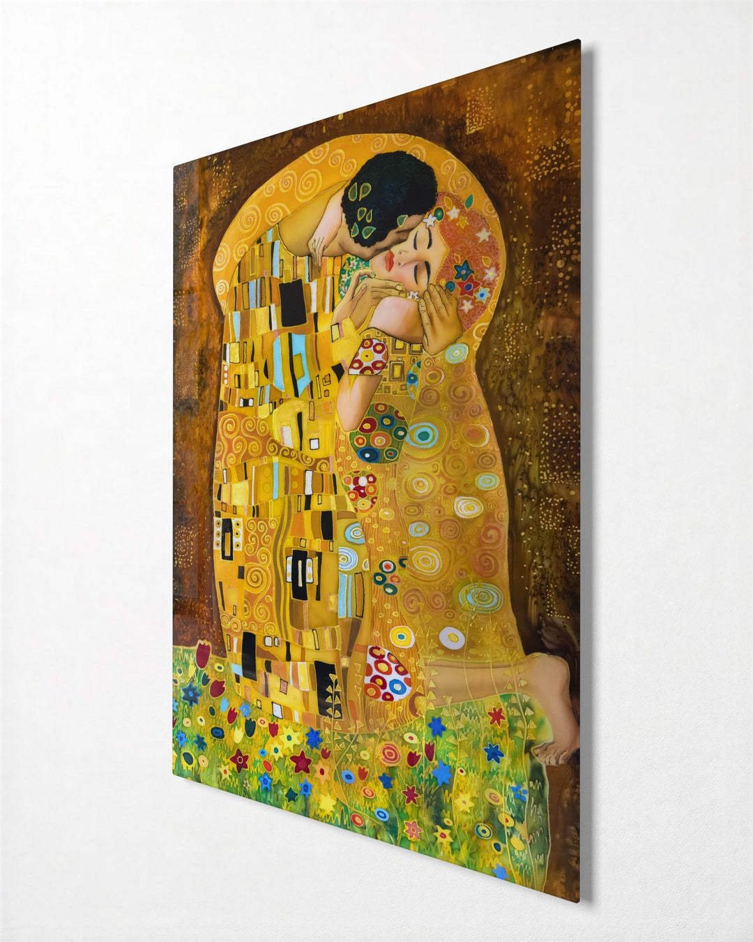 Golden Embrace glass wall art, side view