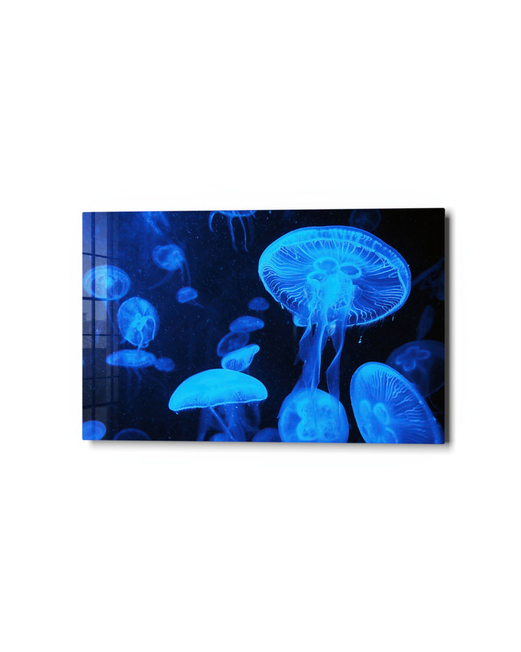 Blue Jellyfish Glow glass wall art, studio view