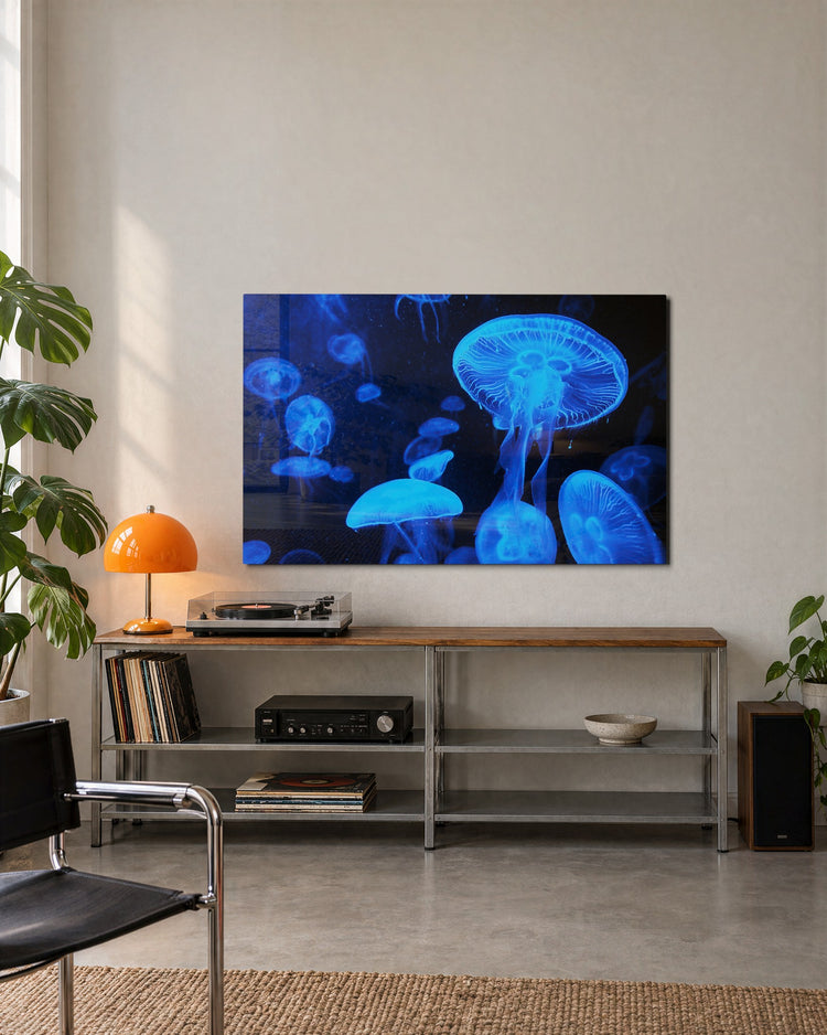 Blue Jellyfish Glow glass wall art, lifestyle view