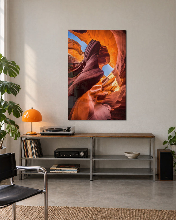 Inside the Slot Canyon glass wall art, lifestyle view
