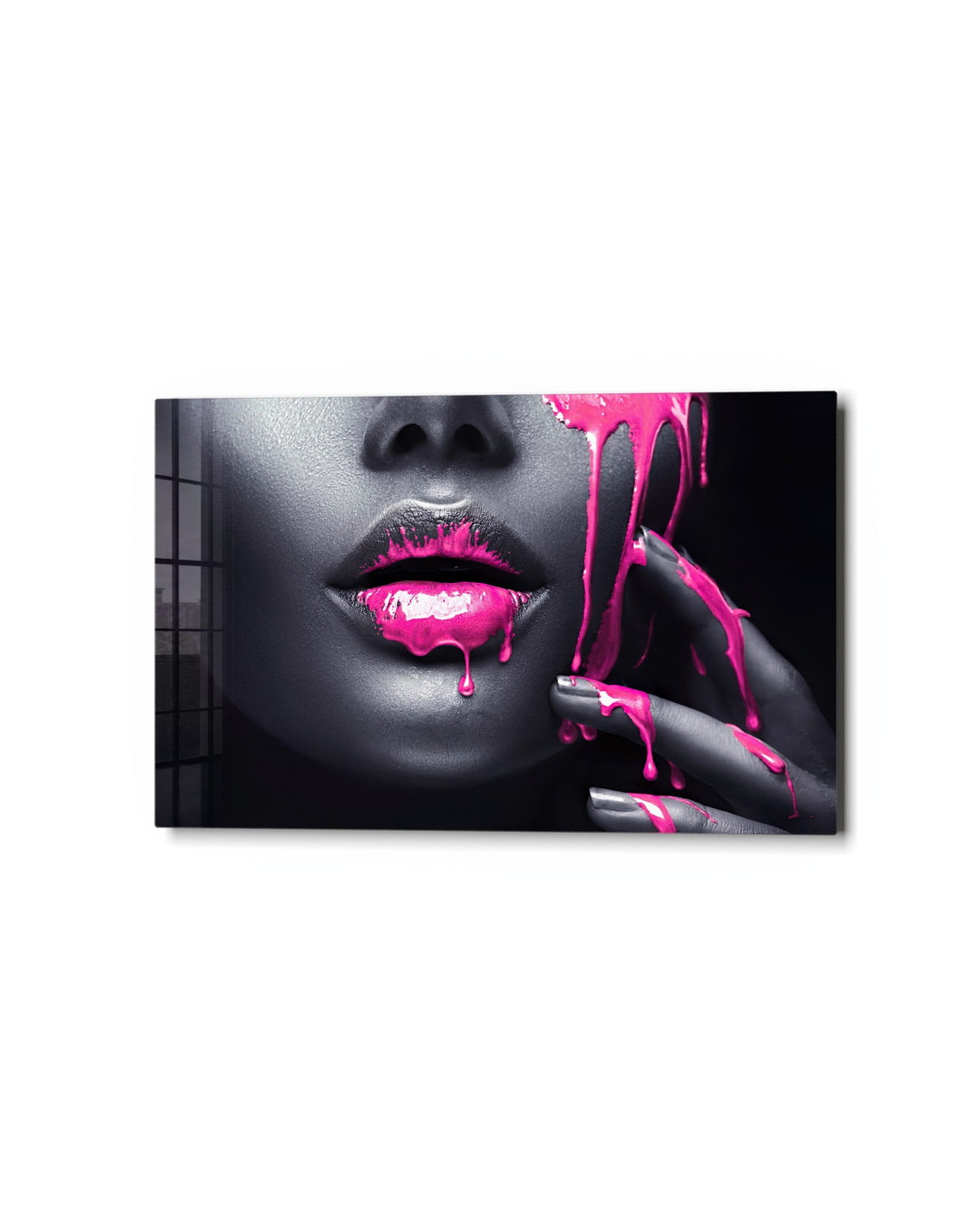 Pink Drip Lips glass wall art, studio view