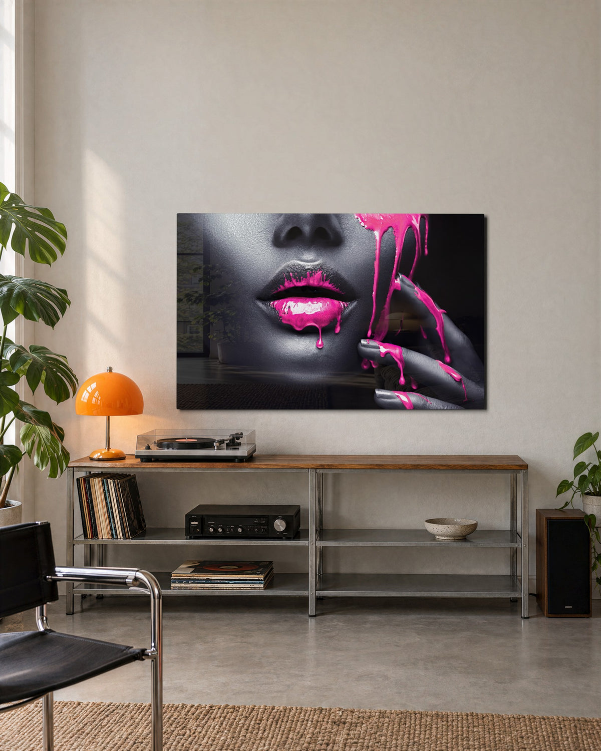 Pink Drip Lips glass wall art, lifestyle view