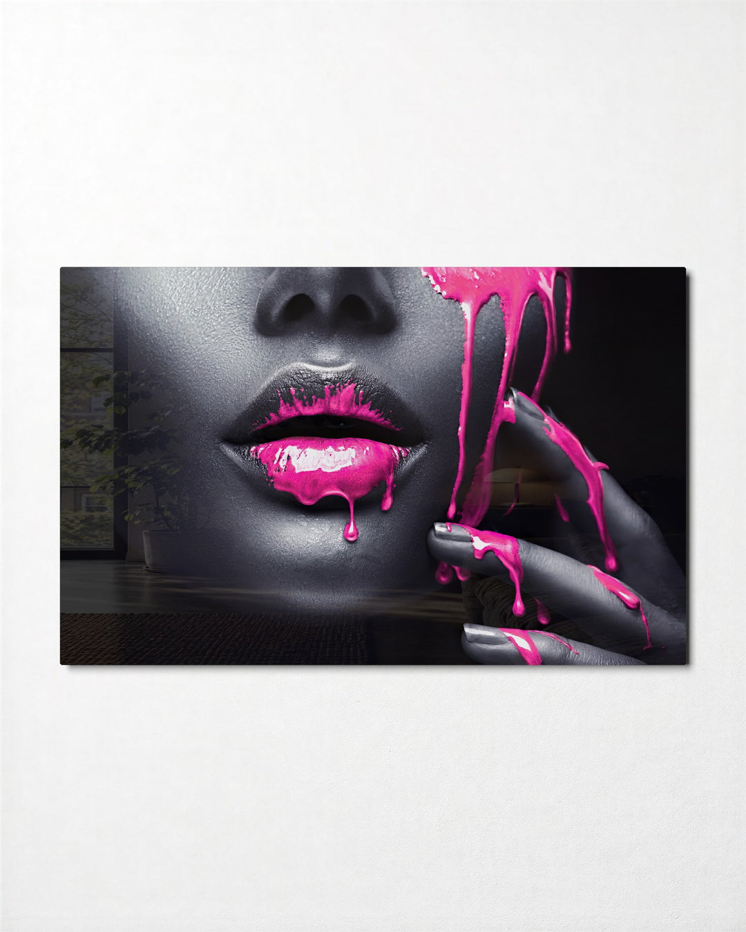 Pink Drip Lips glass wall art, front view