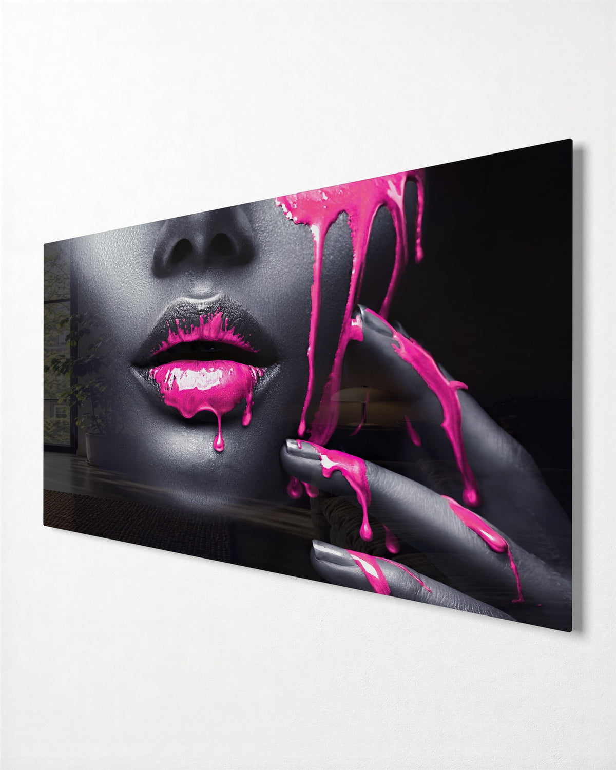 Pink Drip Lips glass wall art, side view