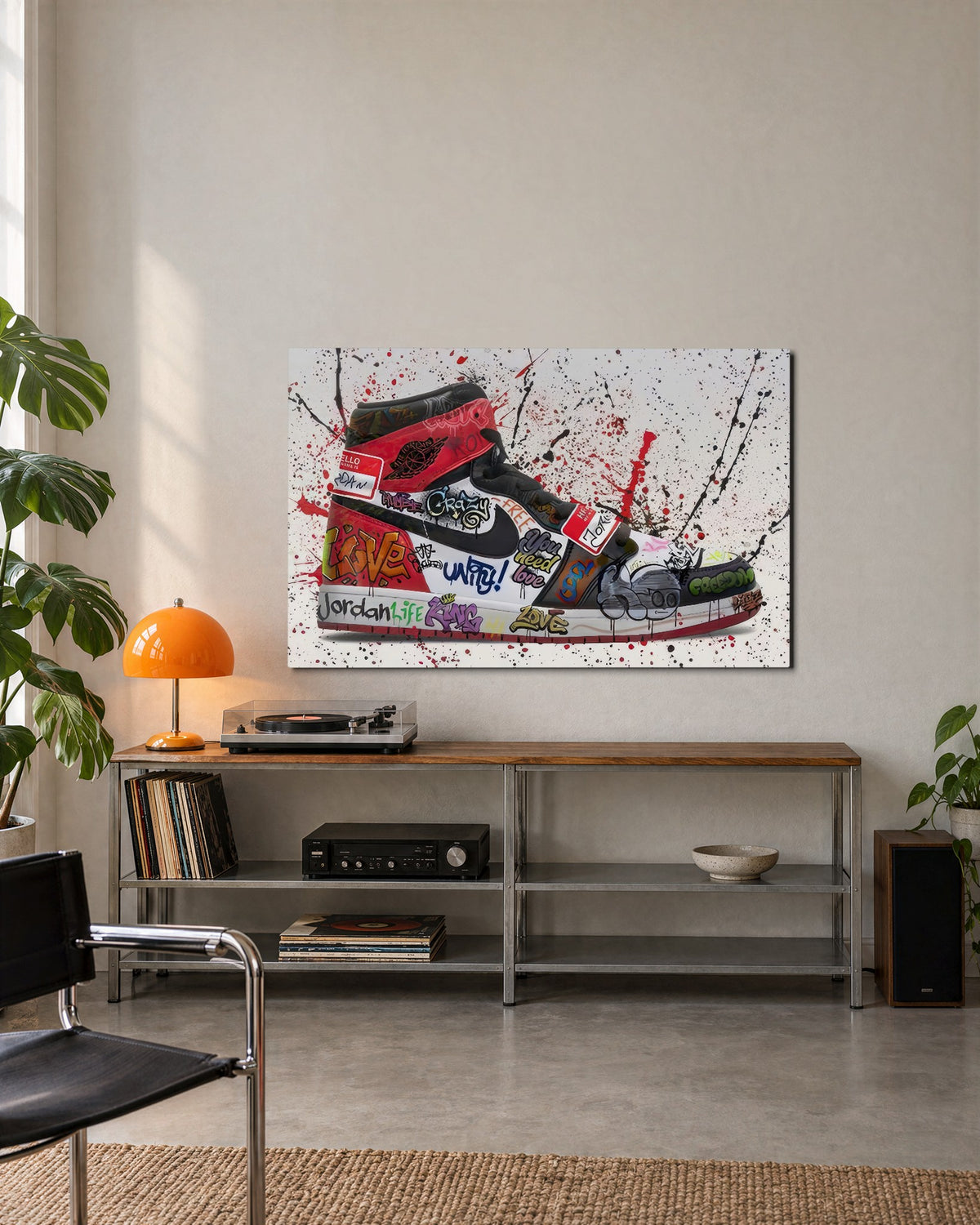 Graffiti High-Top Sneaker glass wall art, lifestyle view