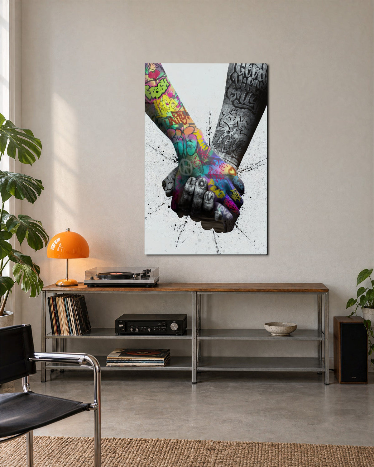 Two Tattooed Hands Held glass wall art, lifestyle view