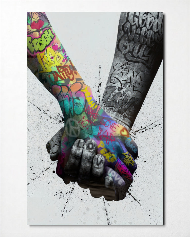 Two Tattooed Hands Held glass wall art, front view