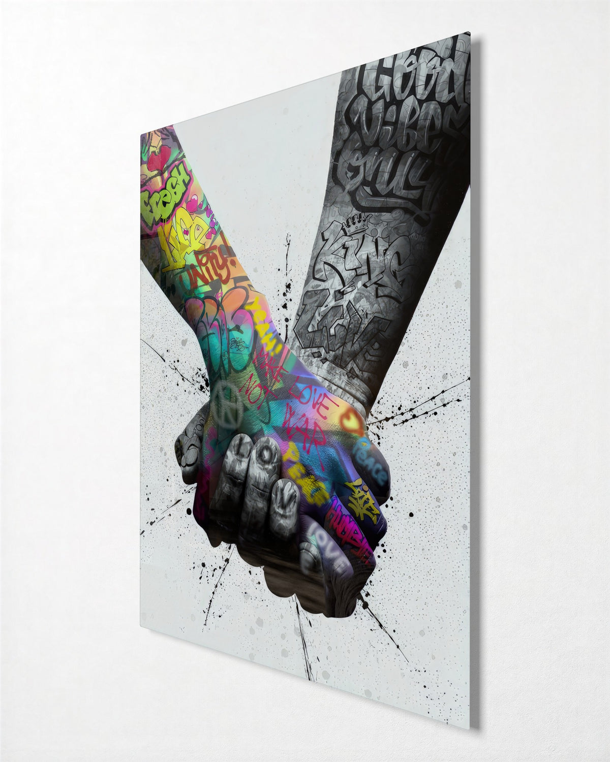 Two Tattooed Hands Held glass wall art, side view