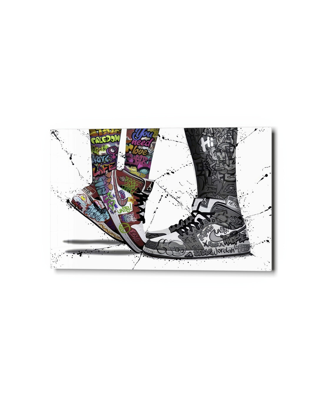 Two Graffiti Sneakers glass wall art, studio view