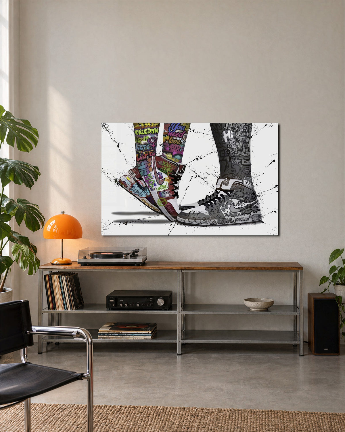 Two Graffiti Sneakers glass wall art, lifestyle view