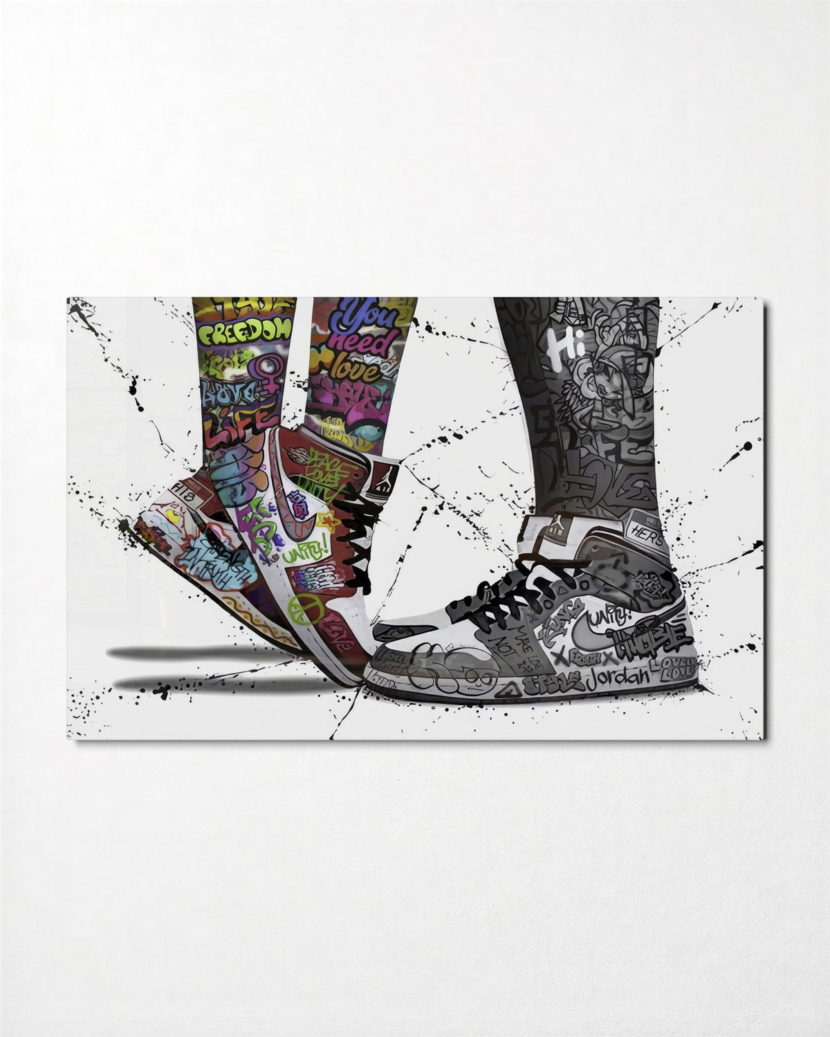 Two Graffiti Sneakers glass wall art, front view