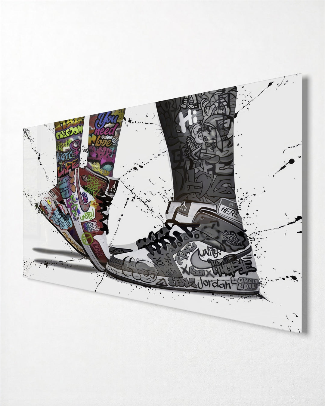 Two Graffiti Sneakers glass wall art, side view