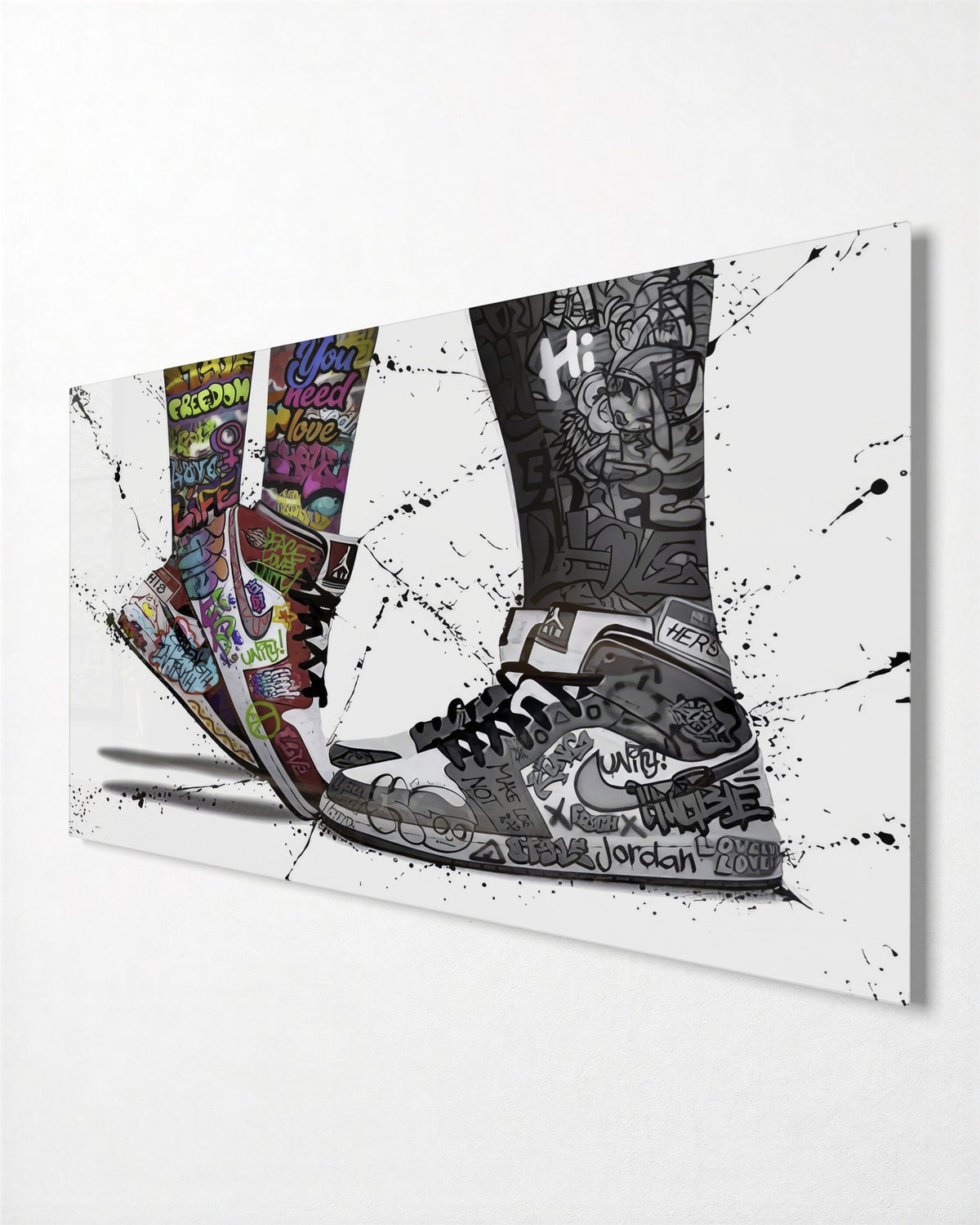 Two Graffiti Sneakers glass wall art, side view