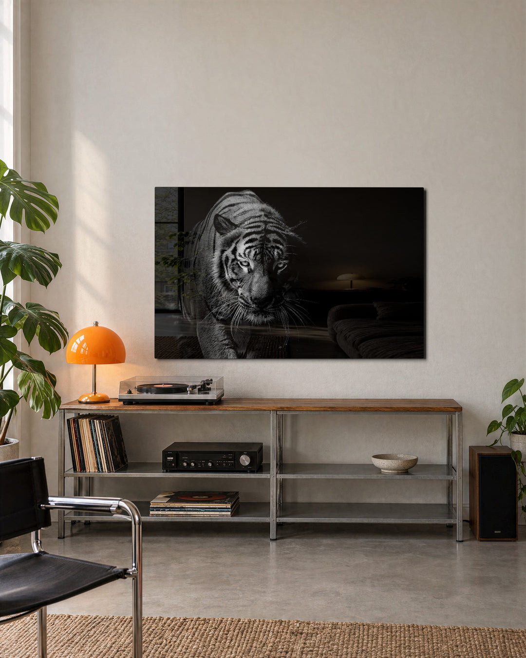 Tiger Stepping From Shadow glass wall art, lifestyle view