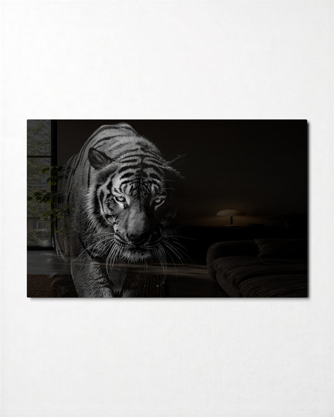 Tiger Stepping From Shadow glass wall art, front view