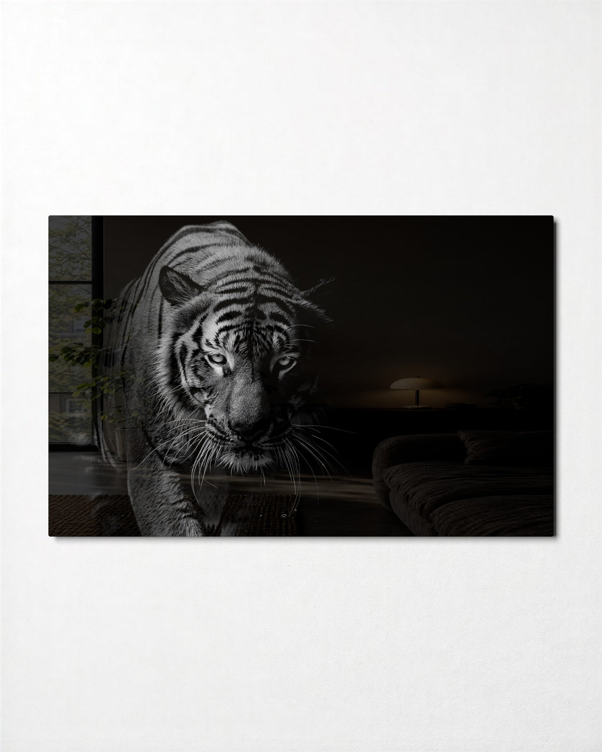 Tiger Stepping From Shadow glass wall art, front view