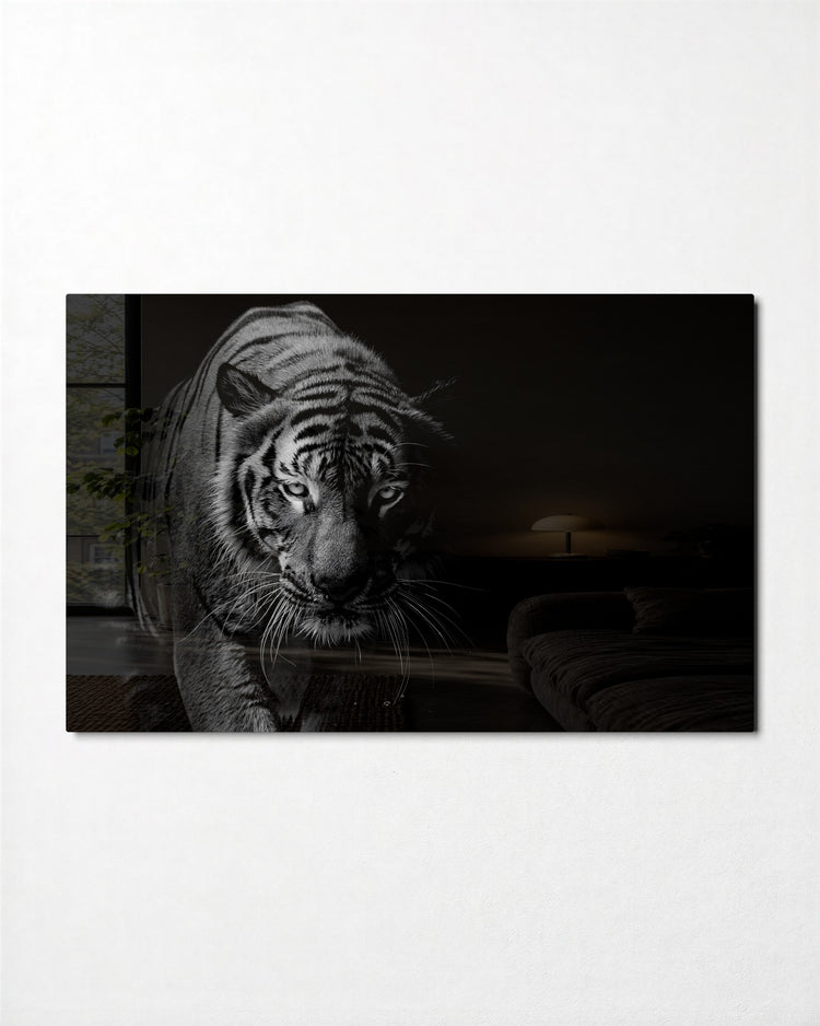 Tiger Stepping From Shadow glass wall art, front view