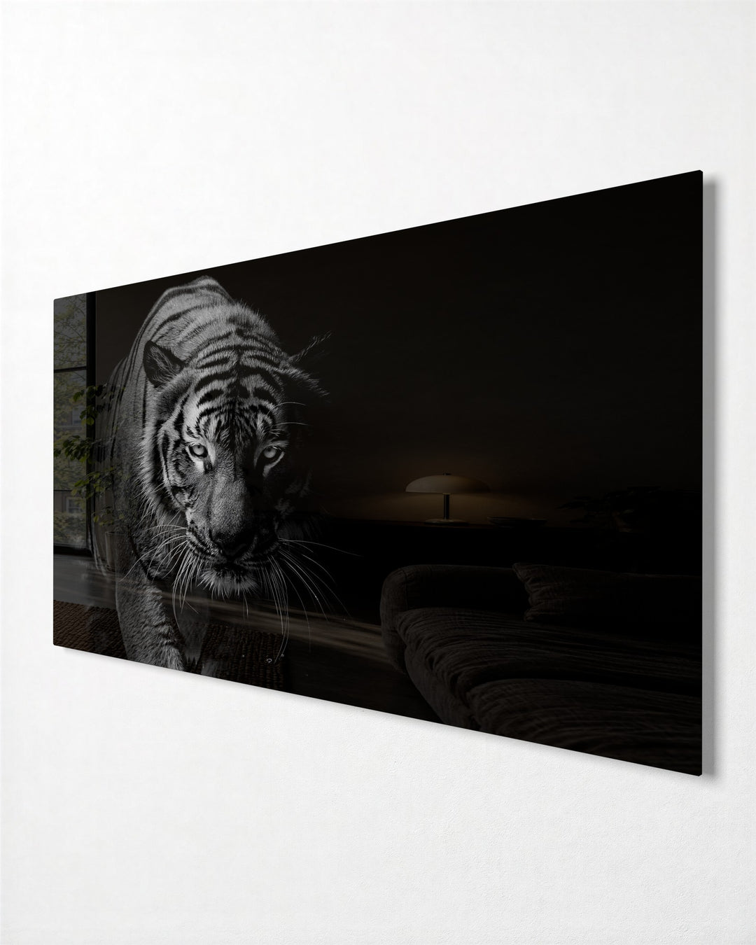 Tiger Stepping From Shadow glass wall art, side view