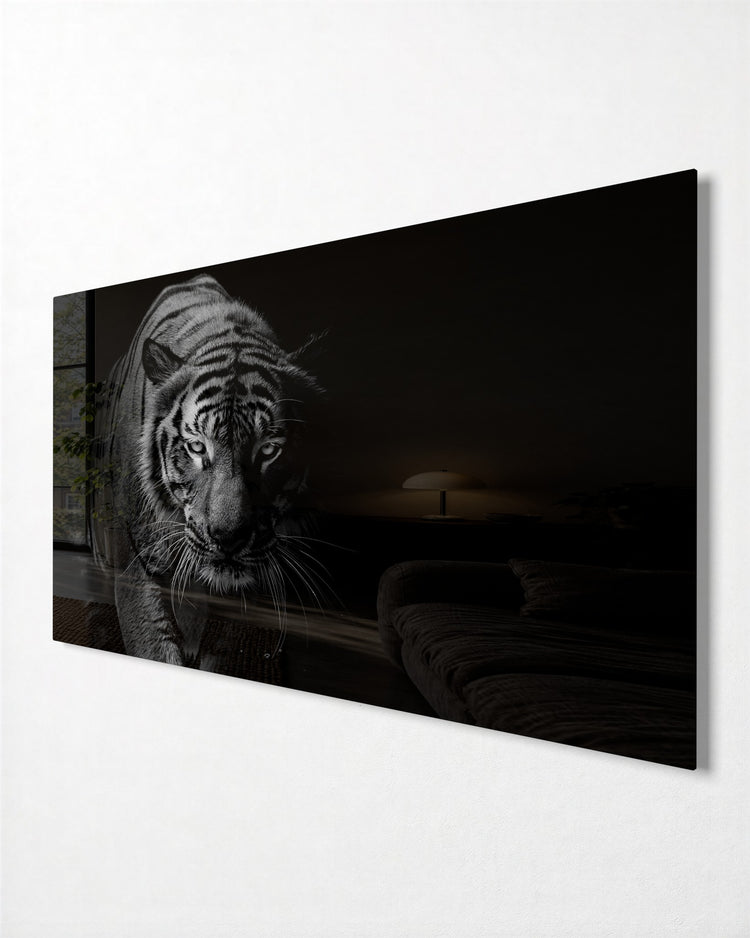 Tiger Stepping From Shadow glass wall art, side view