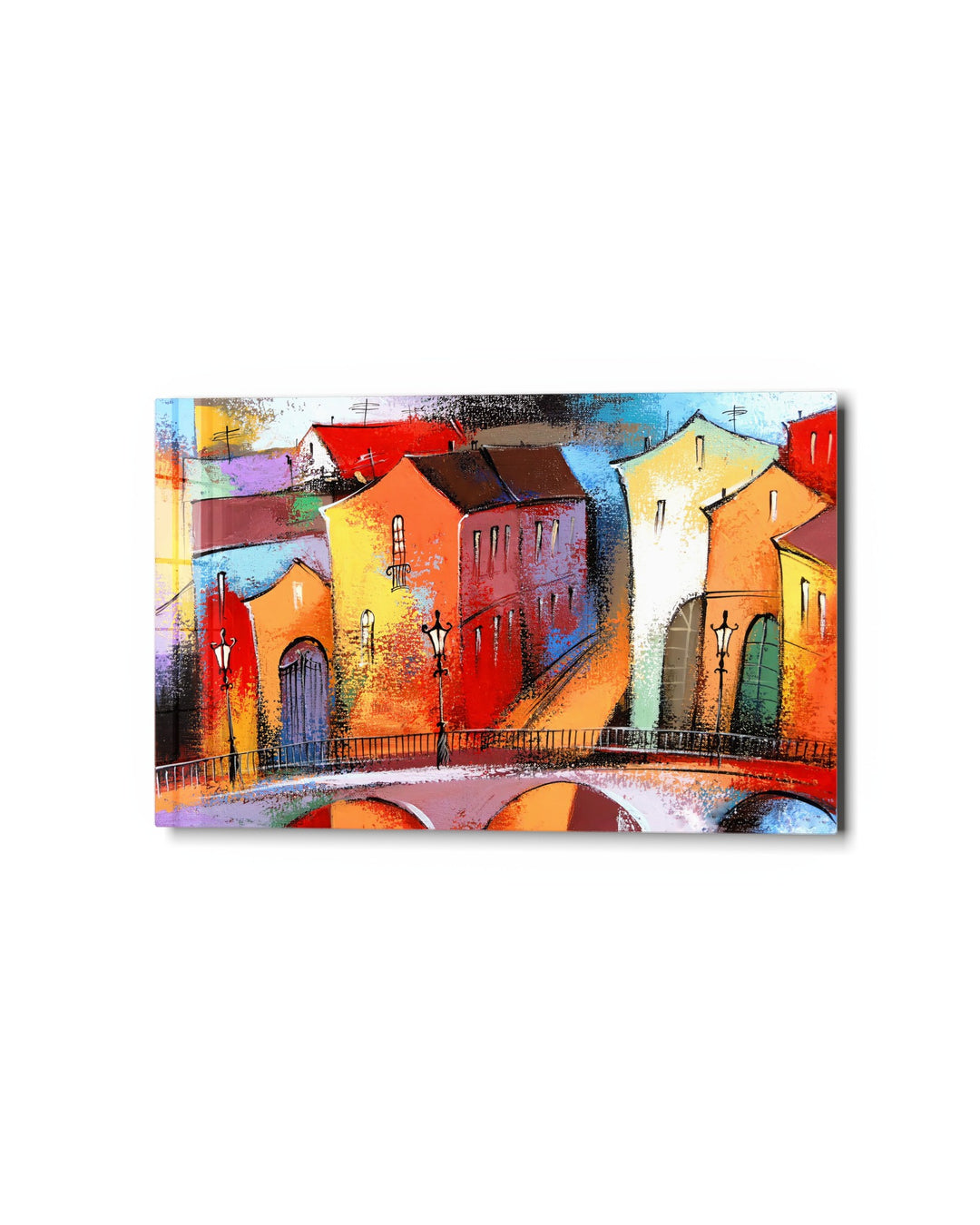 Painted Town in Color glass wall art, studio view