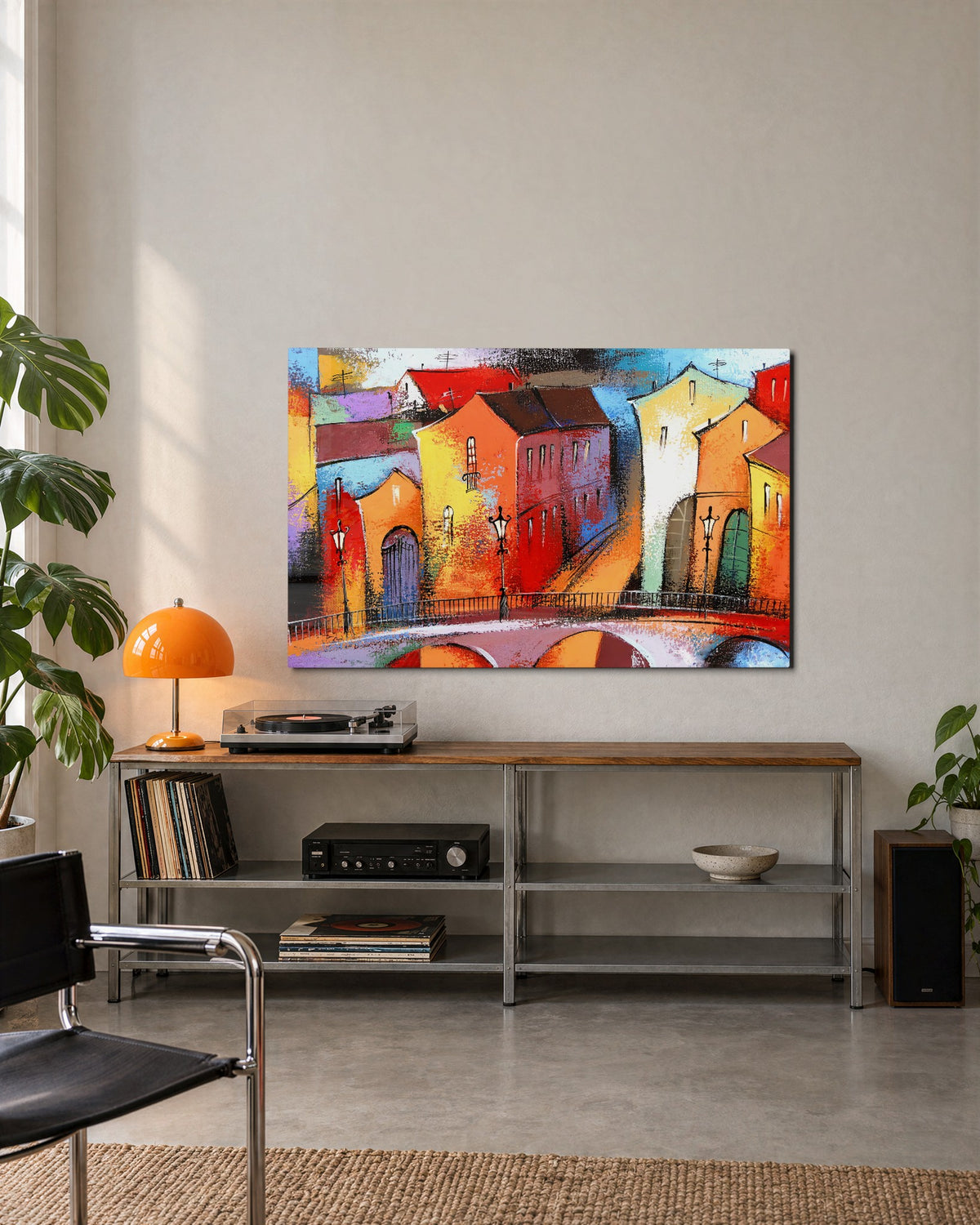 Painted Town in Color glass wall art, lifestyle view