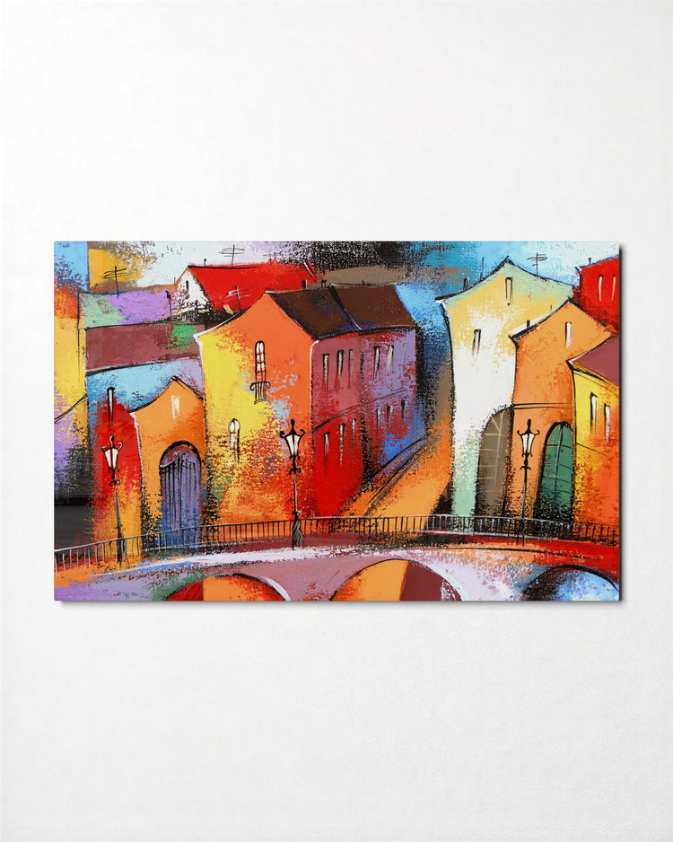 Painted Town in Color glass wall art, front view