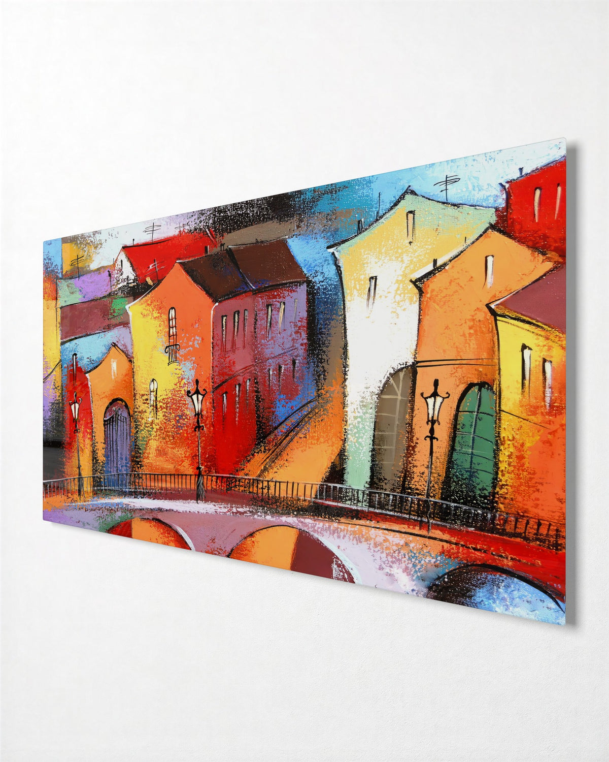 Painted Town in Color glass wall art, side view
