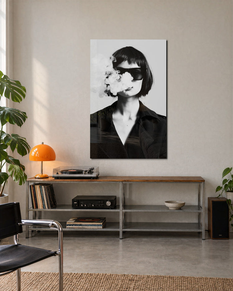 Smoke and Sunglasses glass wall art, lifestyle view