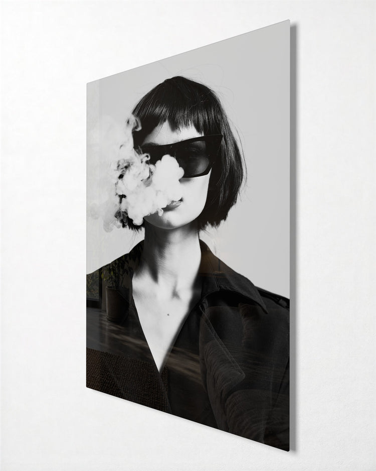 Smoke and Sunglasses glass wall art, side view