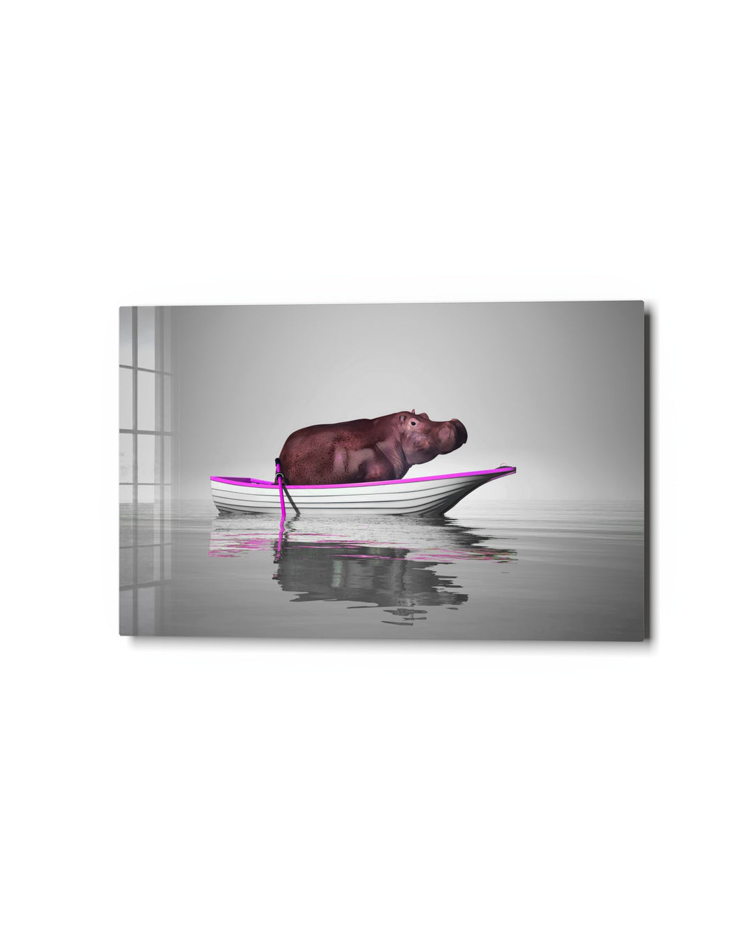 Hippo in a Rowboat glass wall art, studio view