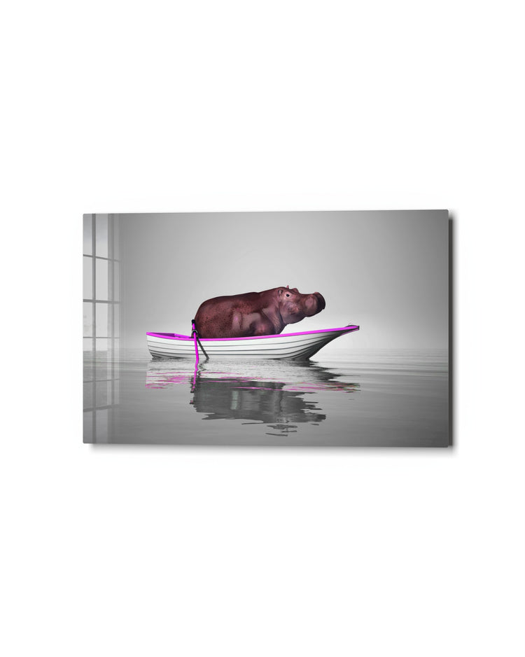 Hippo in a Rowboat glass wall art, studio view