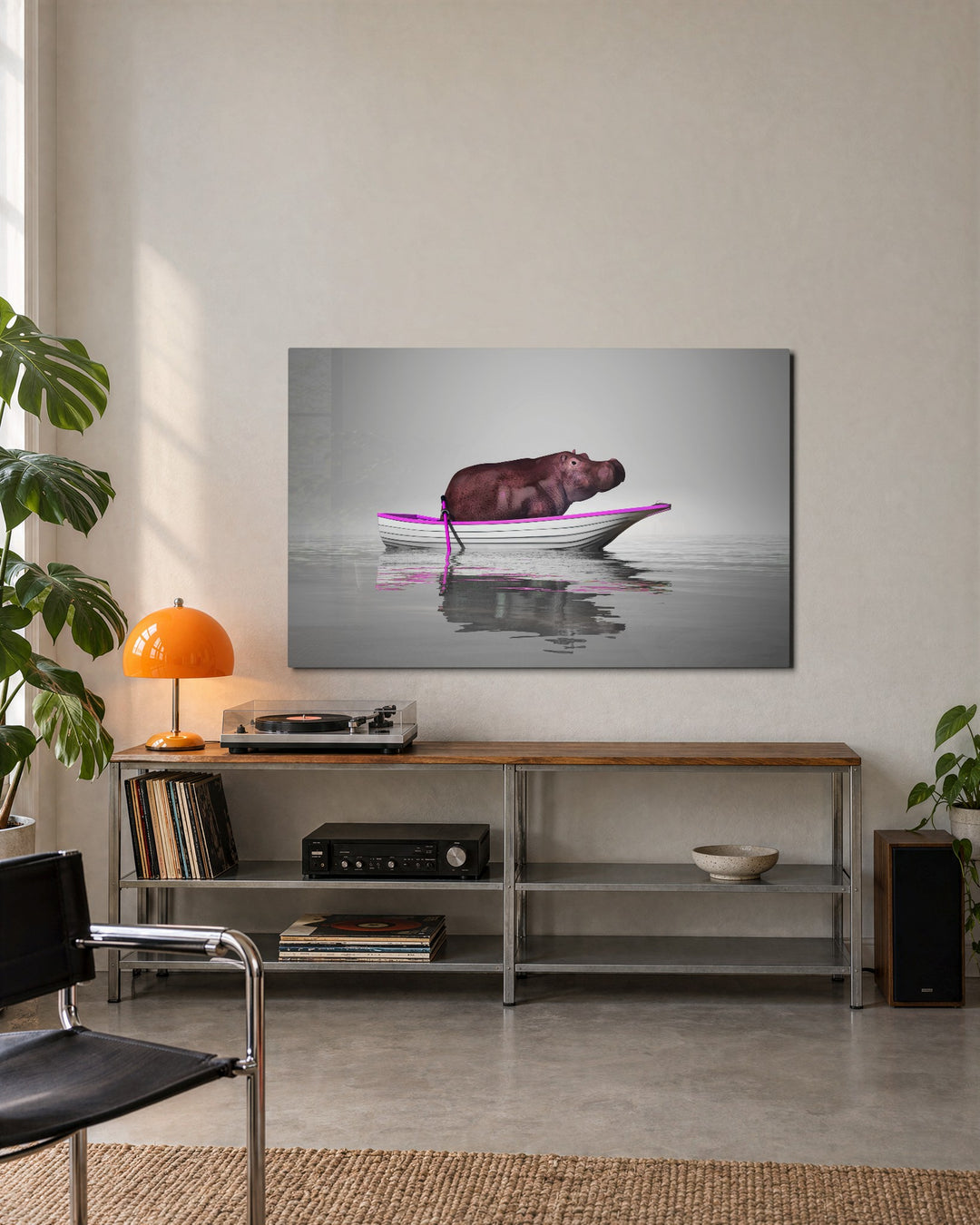 Hippo in a Rowboat glass wall art, lifestyle view