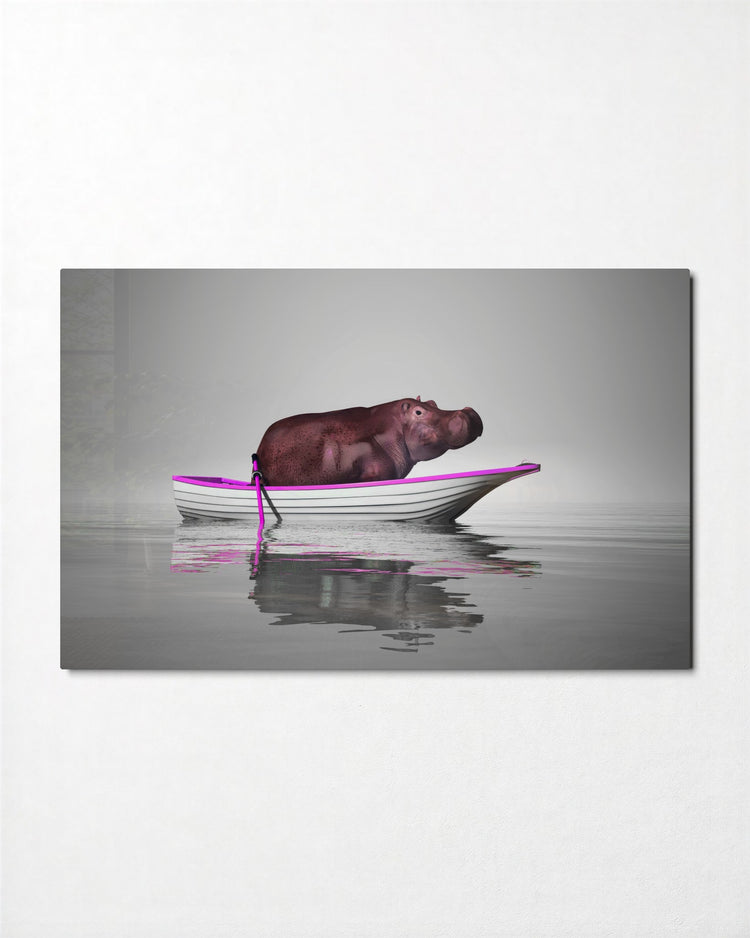 Hippo in a Rowboat glass wall art, front view
