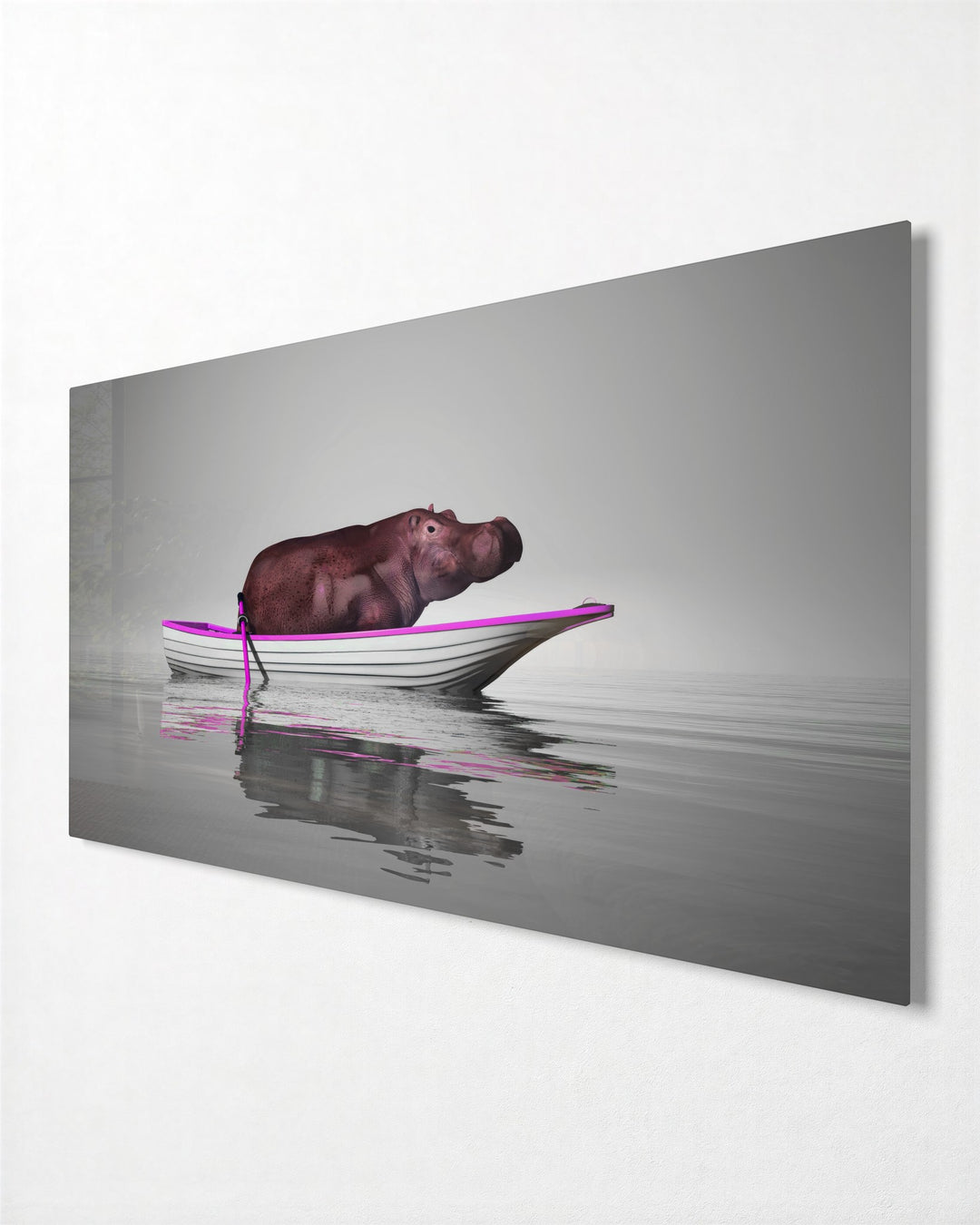 Hippo in a Rowboat glass wall art, side view