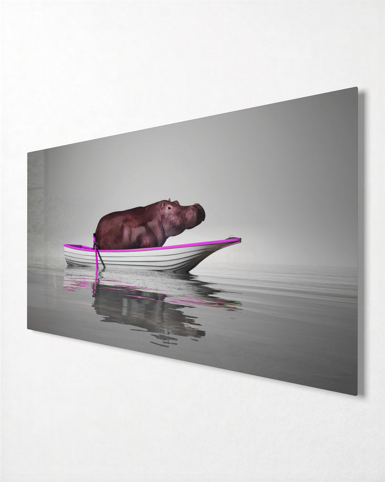 Hippo in a Rowboat glass wall art, side view