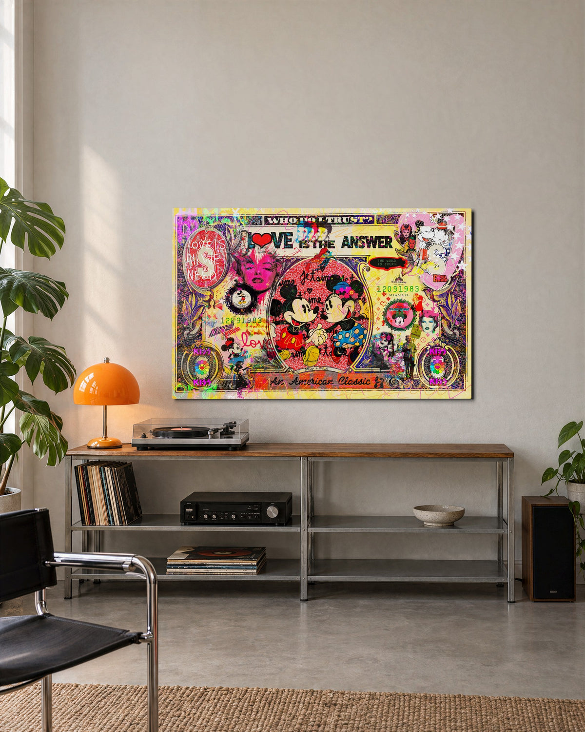 Kissing Mice Dollar Collage glass wall art, lifestyle view