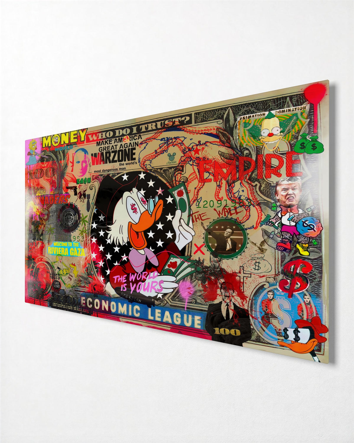 Duck on a Banknote glass wall art, side view