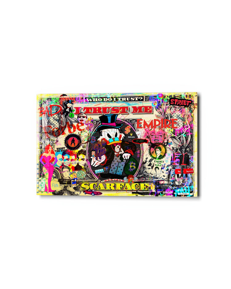 Money Bag Pop Collage glass wall art, studio view
