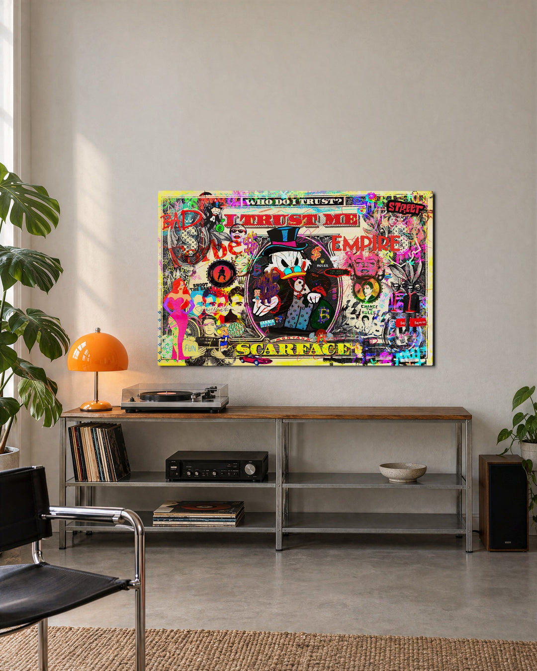 Money Bag Pop Collage glass wall art, lifestyle view