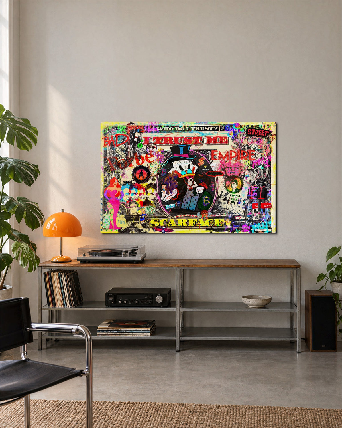 Money Bag Pop Collage glass wall art, lifestyle view