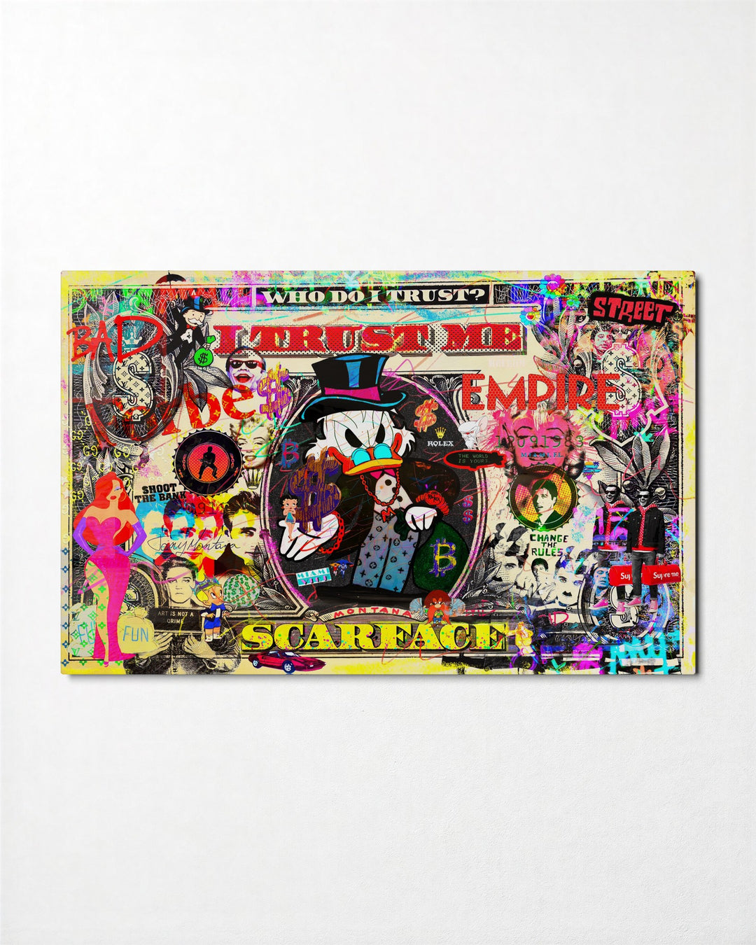 Money Bag Pop Collage glass wall art, front view