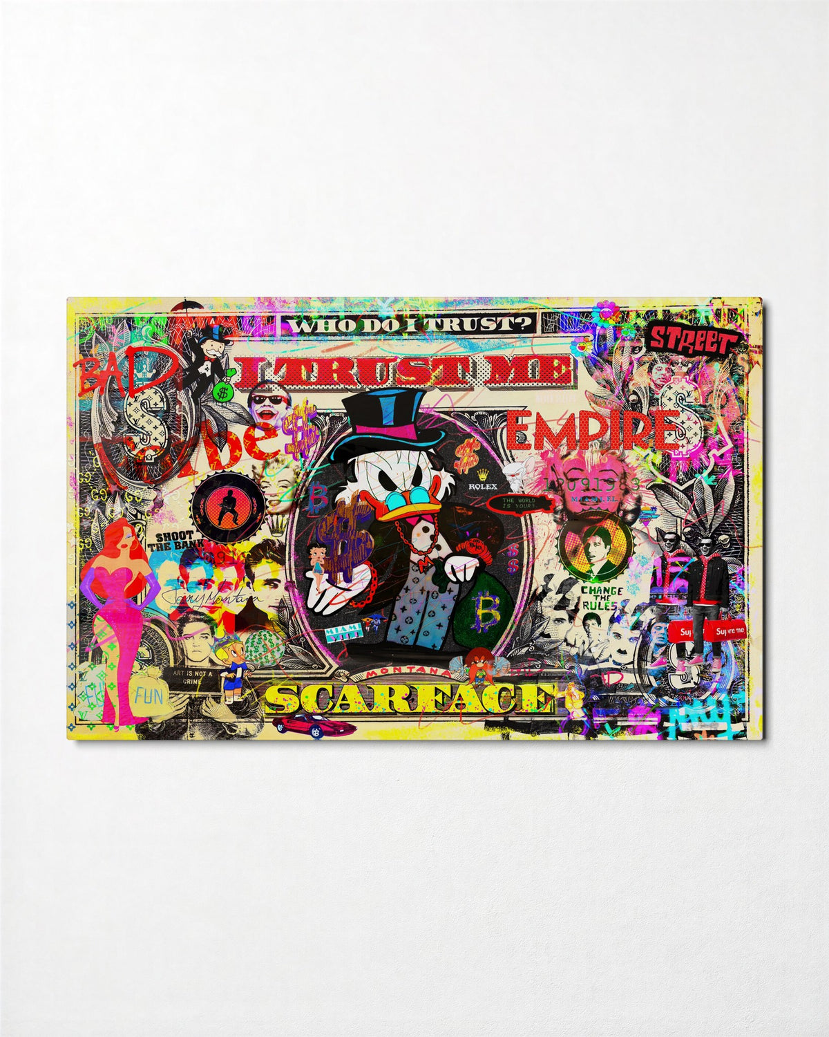 Money Bag Pop Collage glass wall art, front view