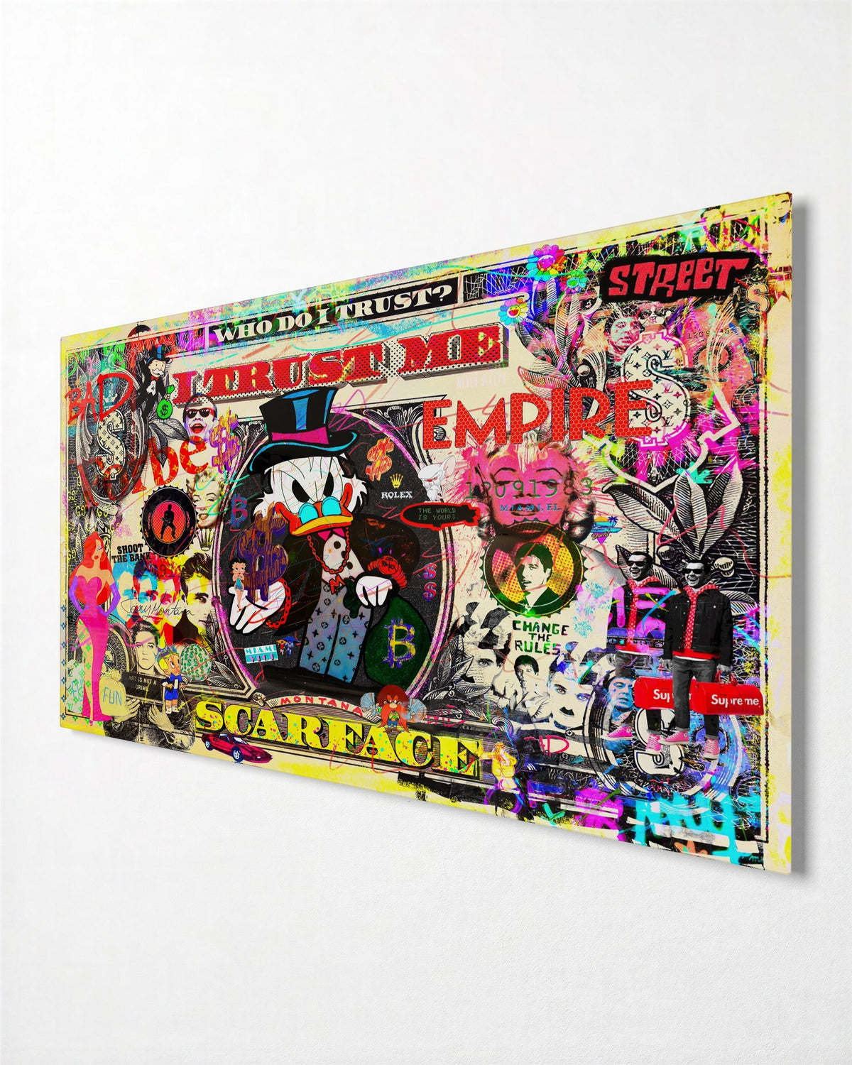 Money Bag Pop Collage glass wall art, side view