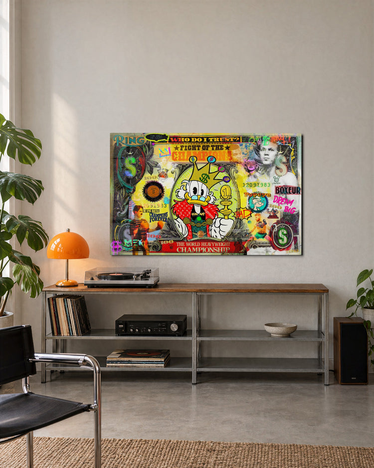 Championship of Cash glass wall art, lifestyle view