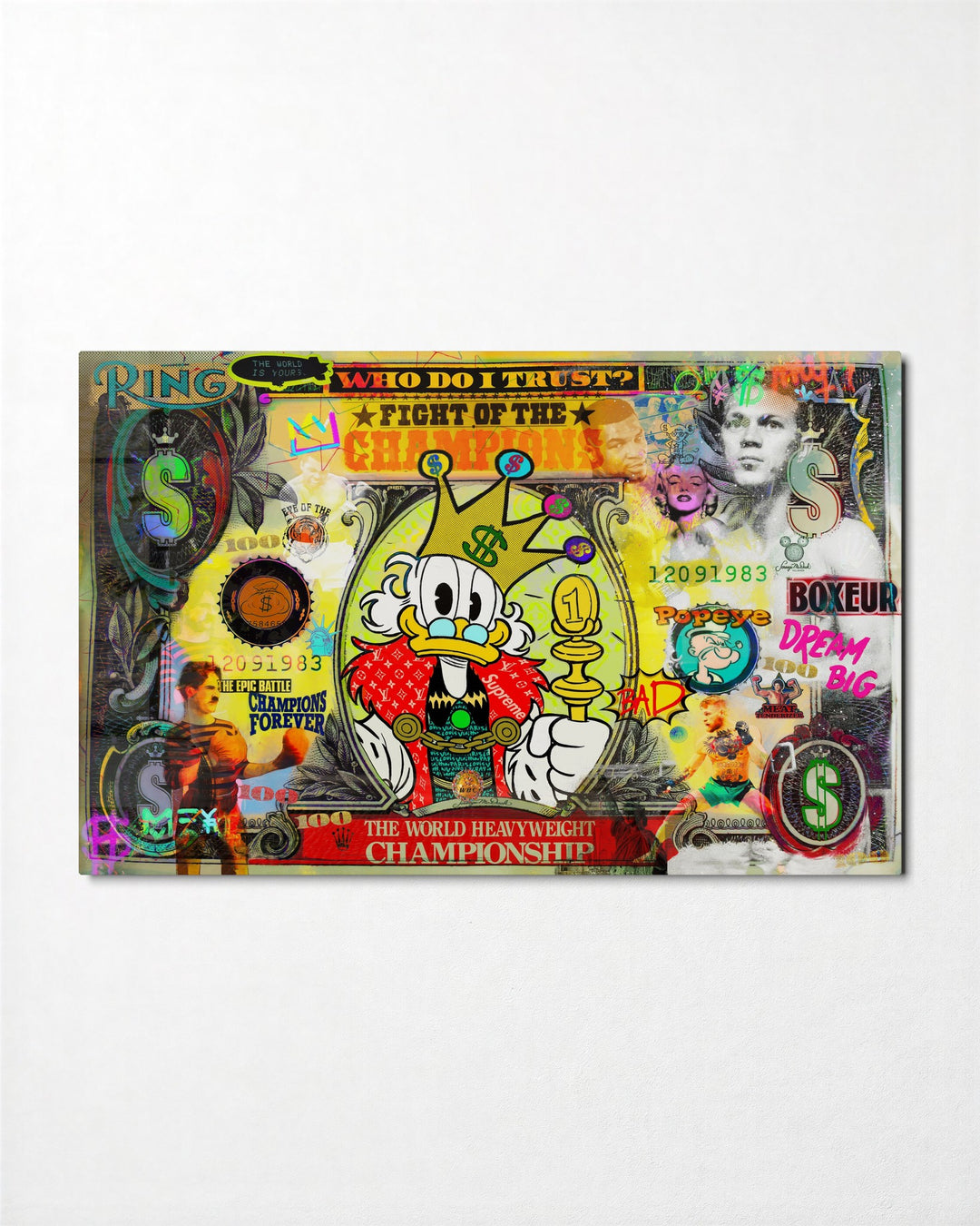 Championship of Cash glass wall art, front view