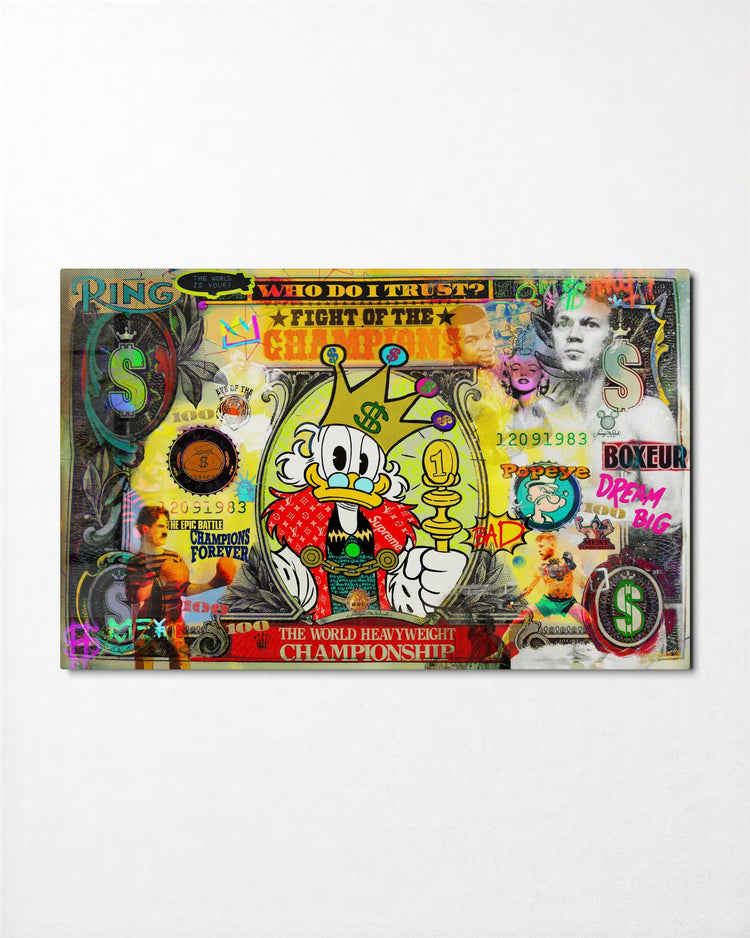Championship of Cash glass wall art, front view