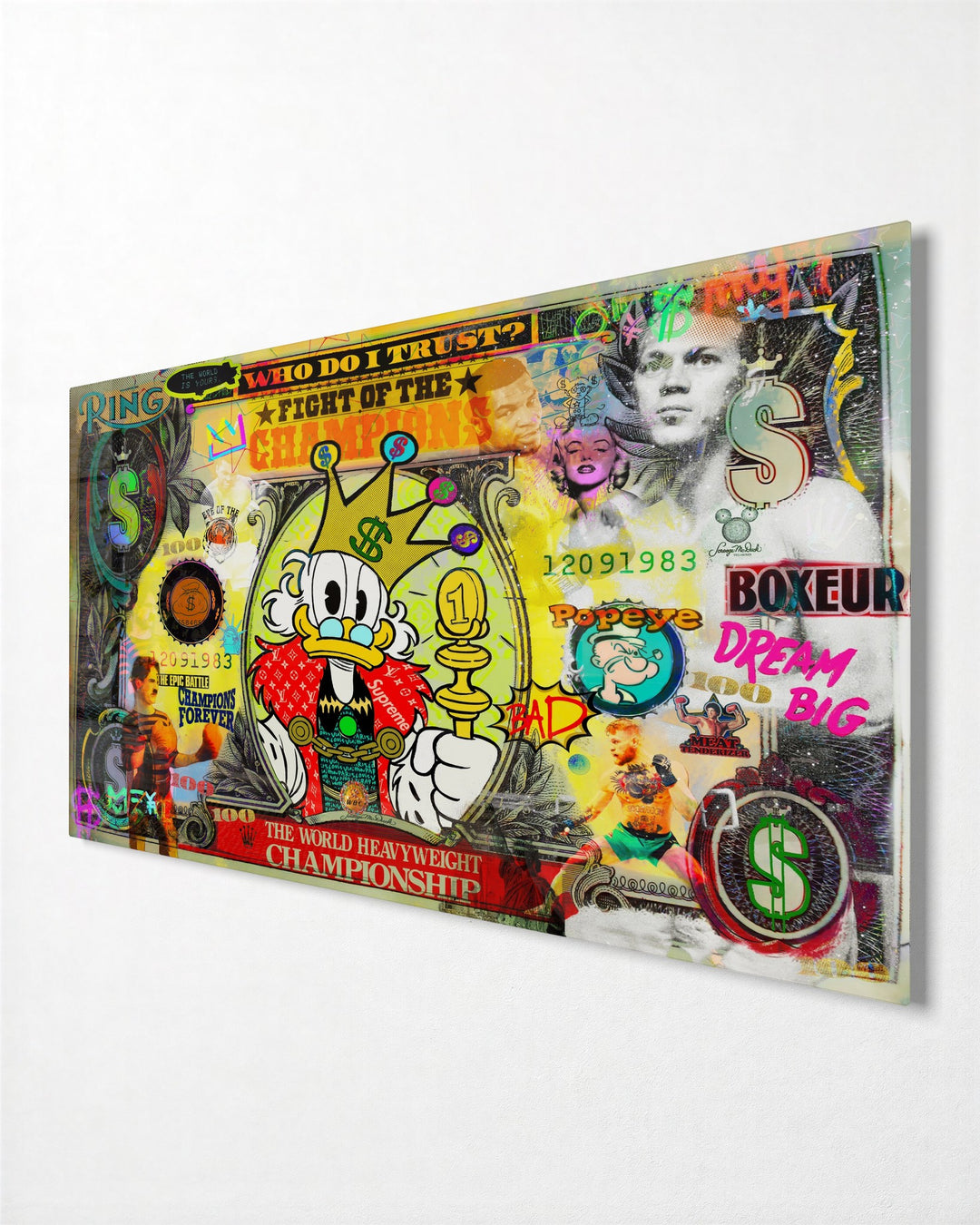Championship of Cash glass wall art, side view